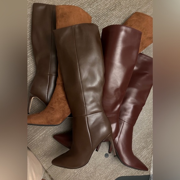 Cognac tan brown heeled faux suede knee high boots - Picture 6 of 6